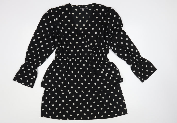 Boohoo Womens Black Polka Dot Polyester Fit & Flare Size 10 V-Neck Pullover