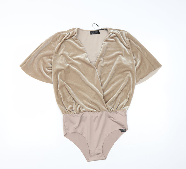 Zara Womens Gold Polyester Bodysuit One-Piece Size S Snap