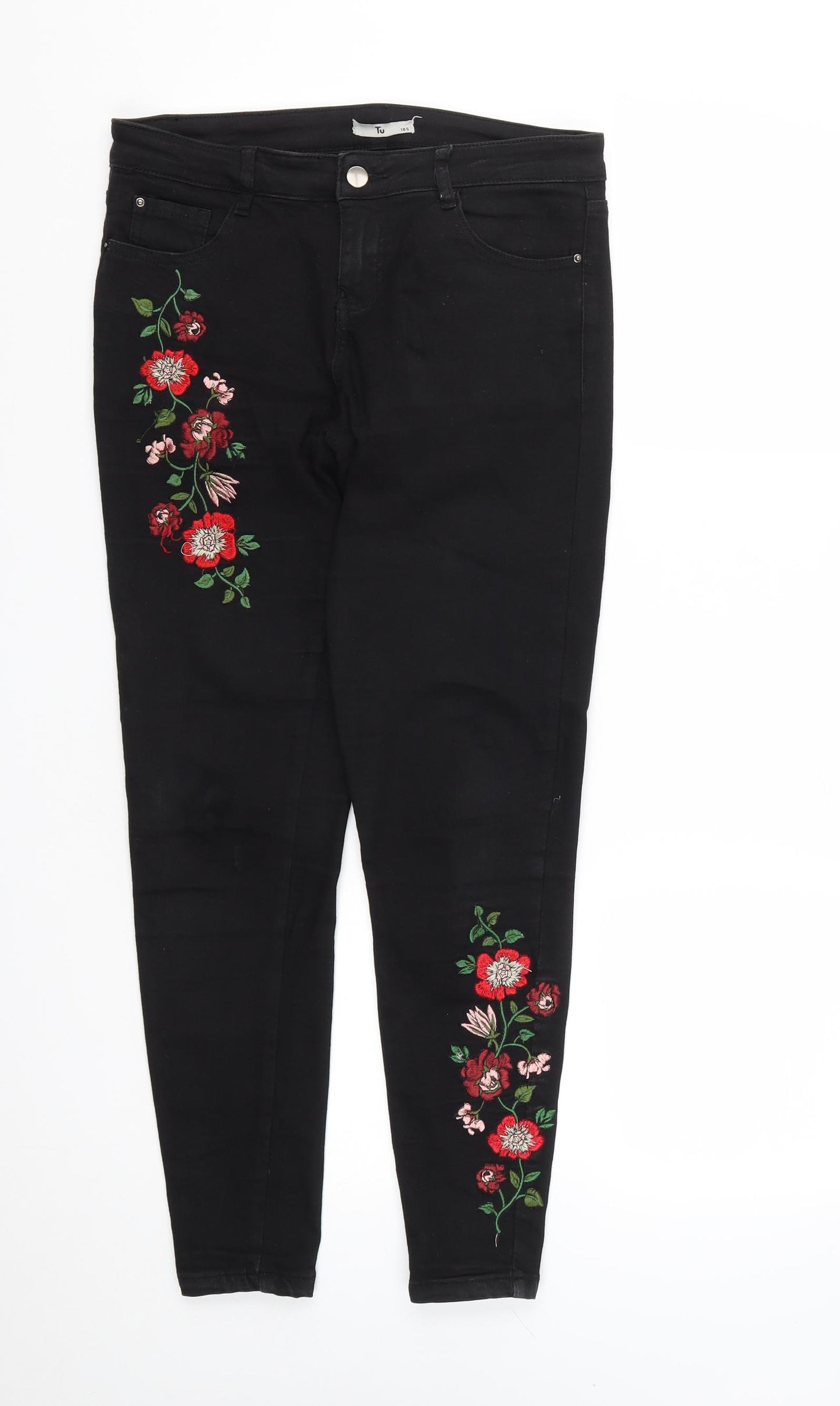 TU Womens Black Floral Cotton Straight Jeans Size 10 L27 in Regular Zip