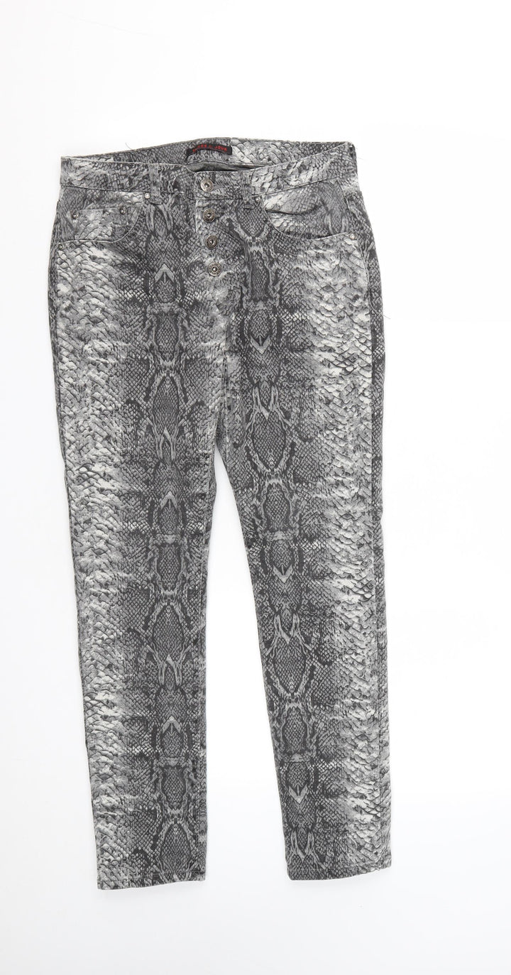 Place Du Jour Womens Grey Animal Print Cotton Straight Jeans Size 10 L27 in Regular Button