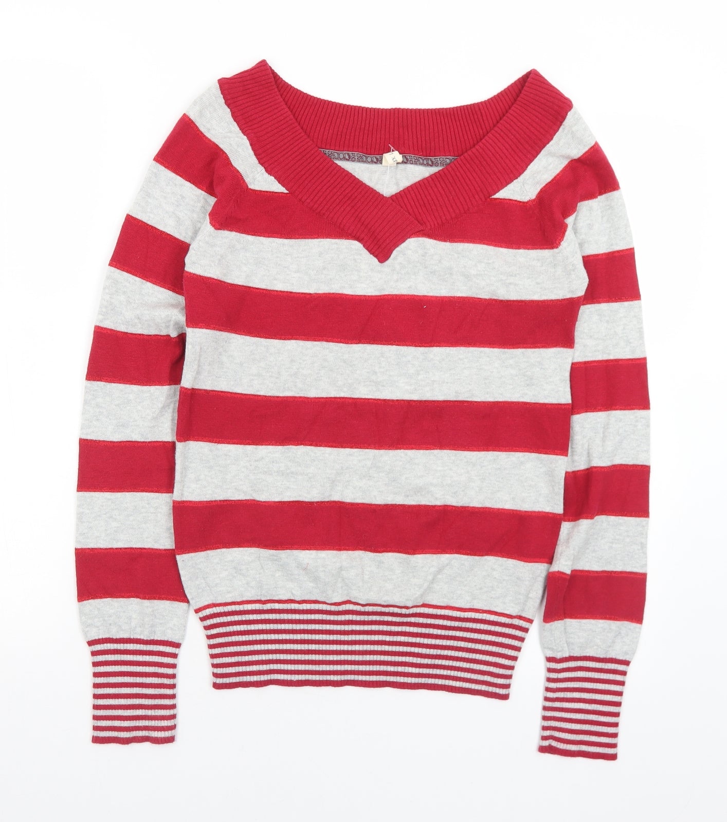 BSK Womens Red V-Neck Striped Acrylic Pullover Jumper Size M