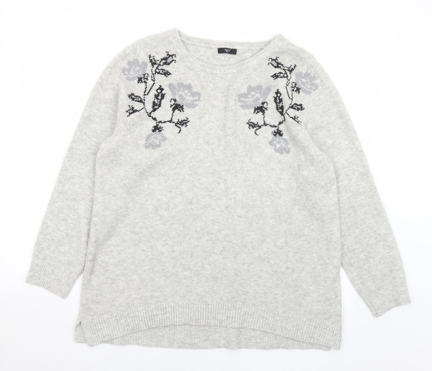 M&Co Womens Grey Round Neck Floral Acrylic Pullover Jumper Size 24