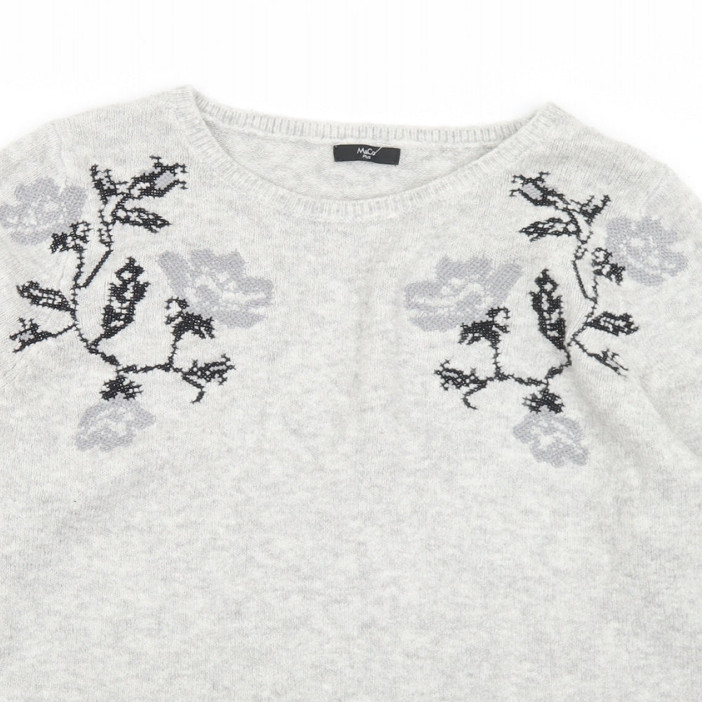 M&Co Womens Grey Round Neck Floral Acrylic Pullover Jumper Size 24