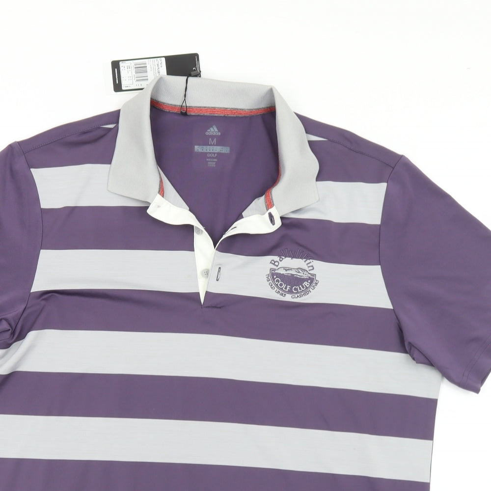 adidas Mens Purple Striped Polyester  Polo Size M Collared  - Golf