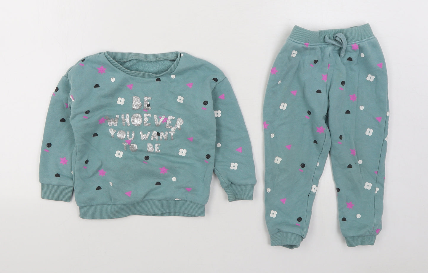 Dunnes Stores Girls Blue Geometric Cotton Trousers Outfit/Set Size 18-24 Months  Pullover