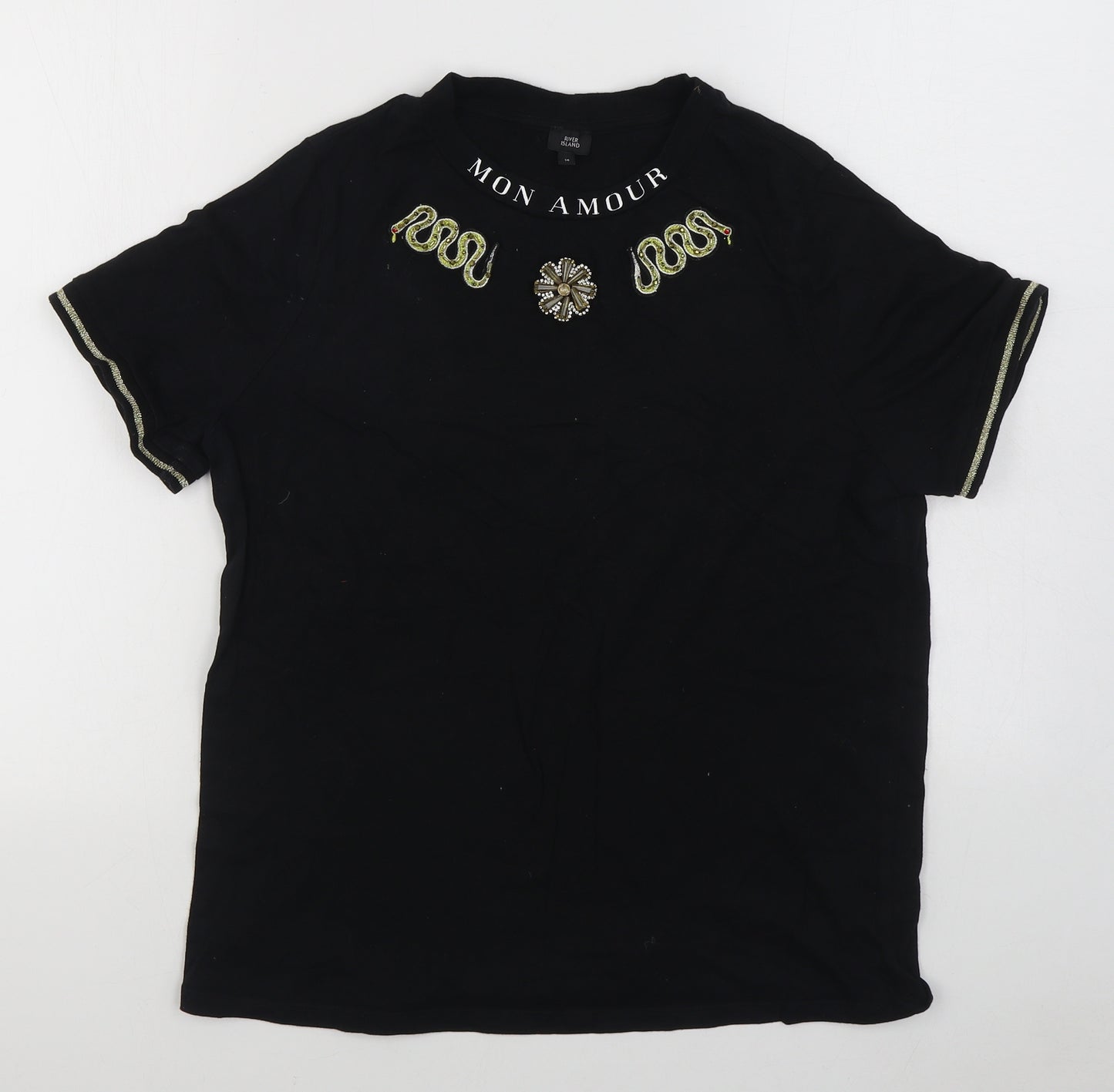 River Island Womens Black  100% Cotton Basic T-Shirt Size 14 Round Neck