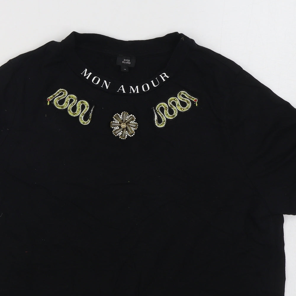 River Island Womens Black  100% Cotton Basic T-Shirt Size 14 Round Neck