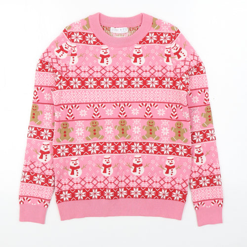 Primark Womens Pink Round Neck Fair Isle Polyester Pullover Jumper Size S   - Christmas Jumper