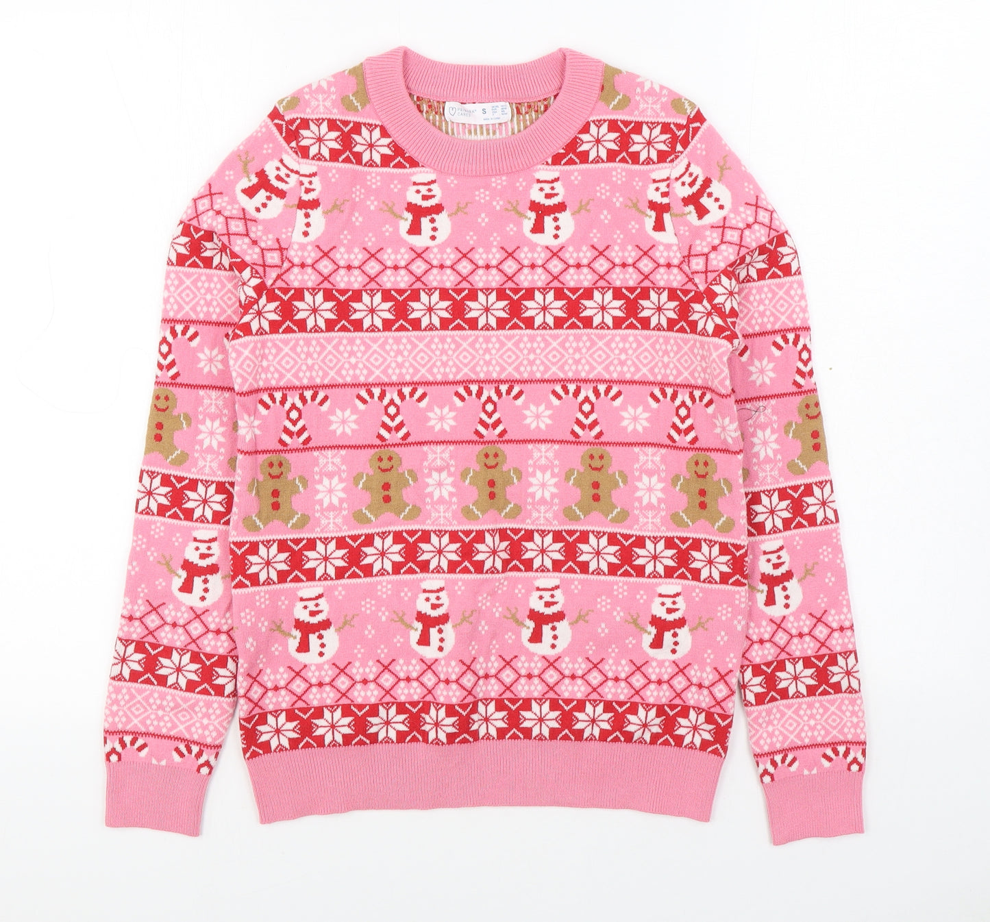 Primark Womens Pink Round Neck Fair Isle Polyester Pullover Jumper Size S   - Christmas Jumper