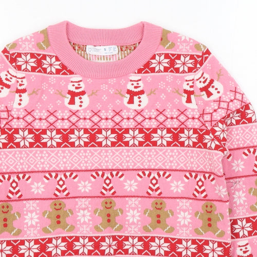 Primark Womens Pink Round Neck Fair Isle Polyester Pullover Jumper Size S   - Christmas Jumper