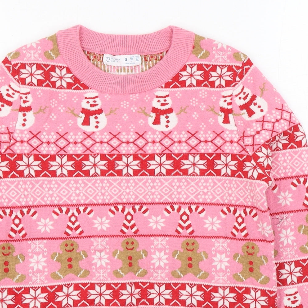Primark Womens Pink Round Neck Fair Isle Polyester Pullover Jumper Size S   - Christmas Jumper