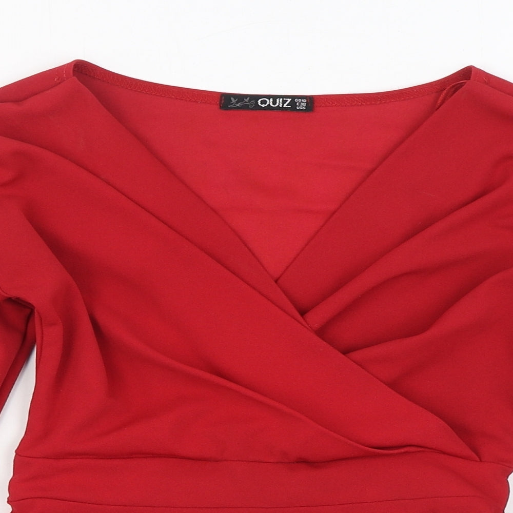 Quiz Womens Red  Polyester Basic Blouse Size 10 V-Neck