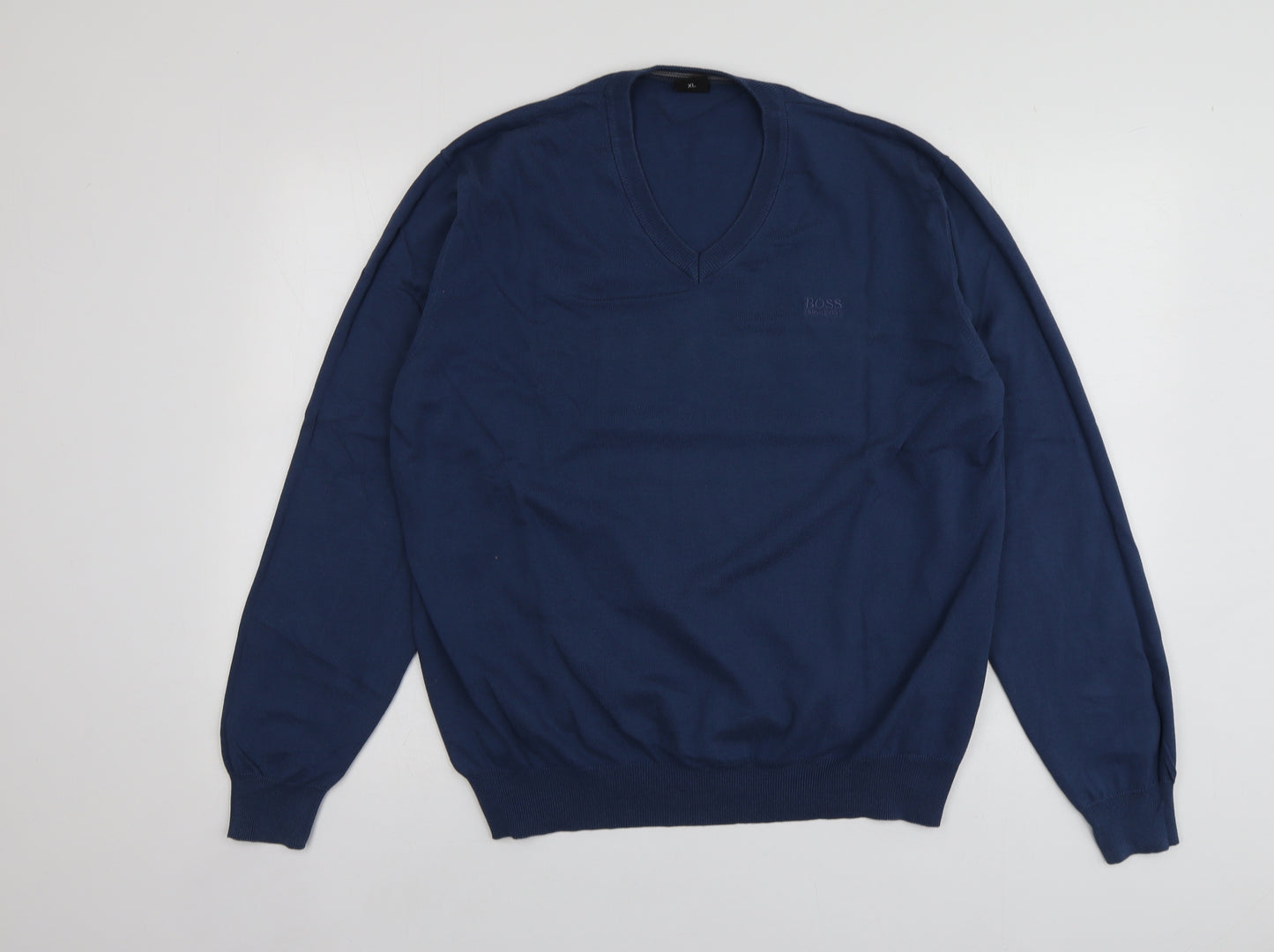 HUGO BOSS Mens Blue V-Neck  Cotton Pullover Jumper Size XL