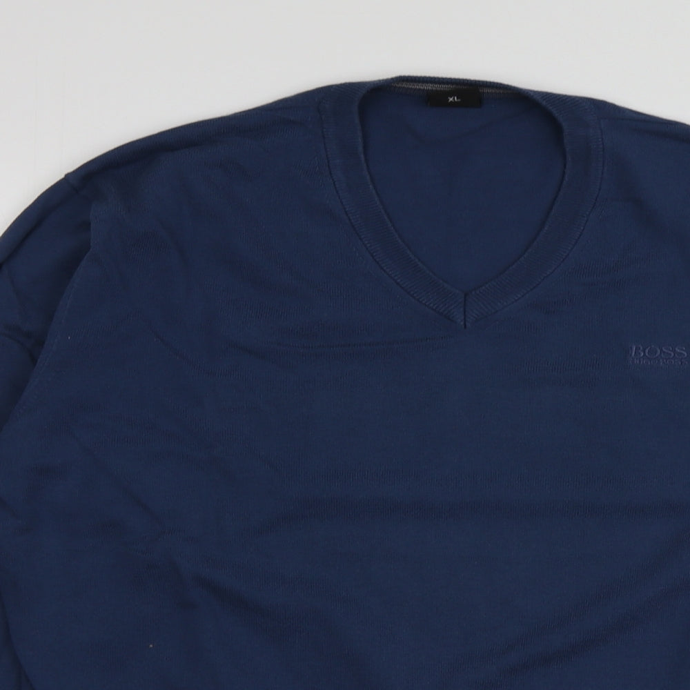 HUGO BOSS Mens Blue V-Neck  Cotton Pullover Jumper Size XL