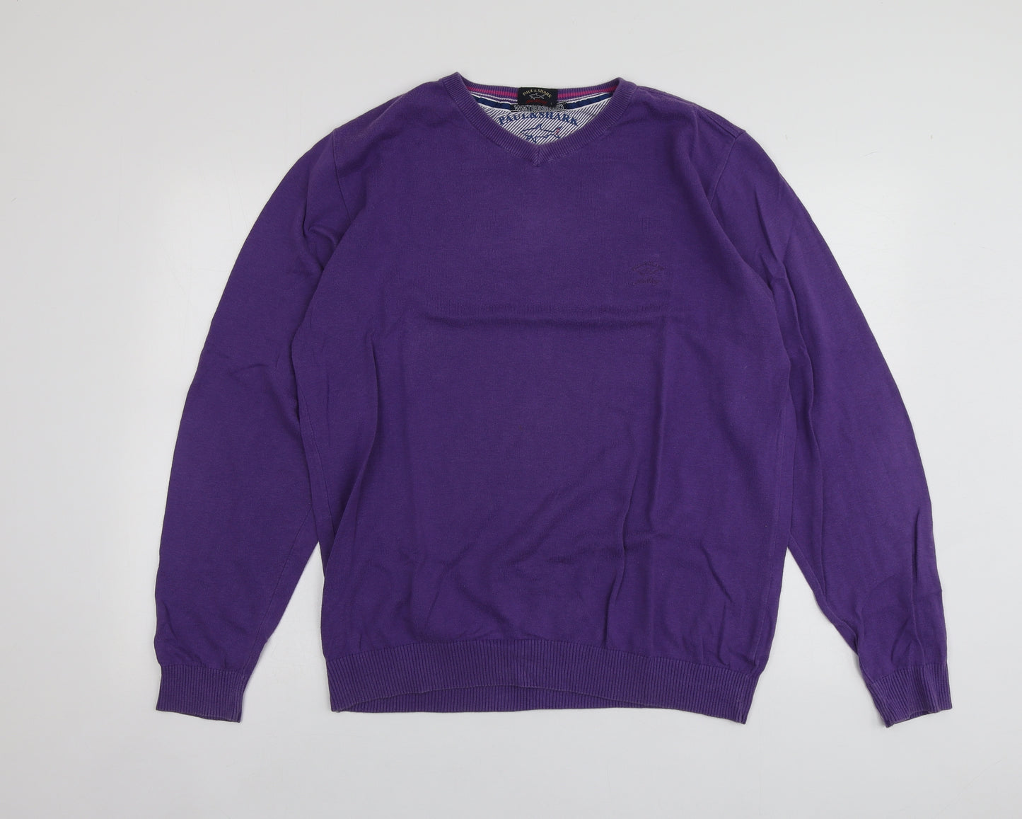 Paul & Shark Mens Purple V-Neck  Cotton Pullover Jumper Size L