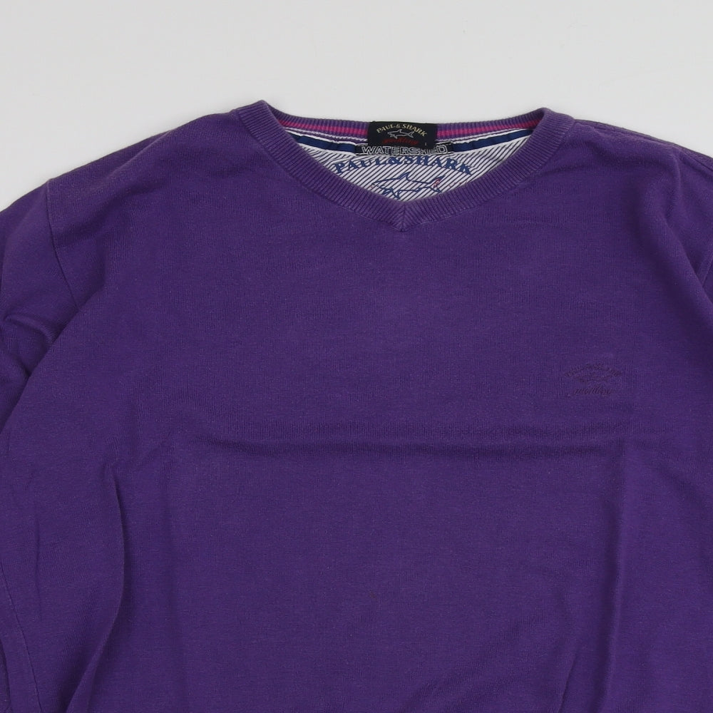 Paul & Shark Mens Purple V-Neck  Cotton Pullover Jumper Size L