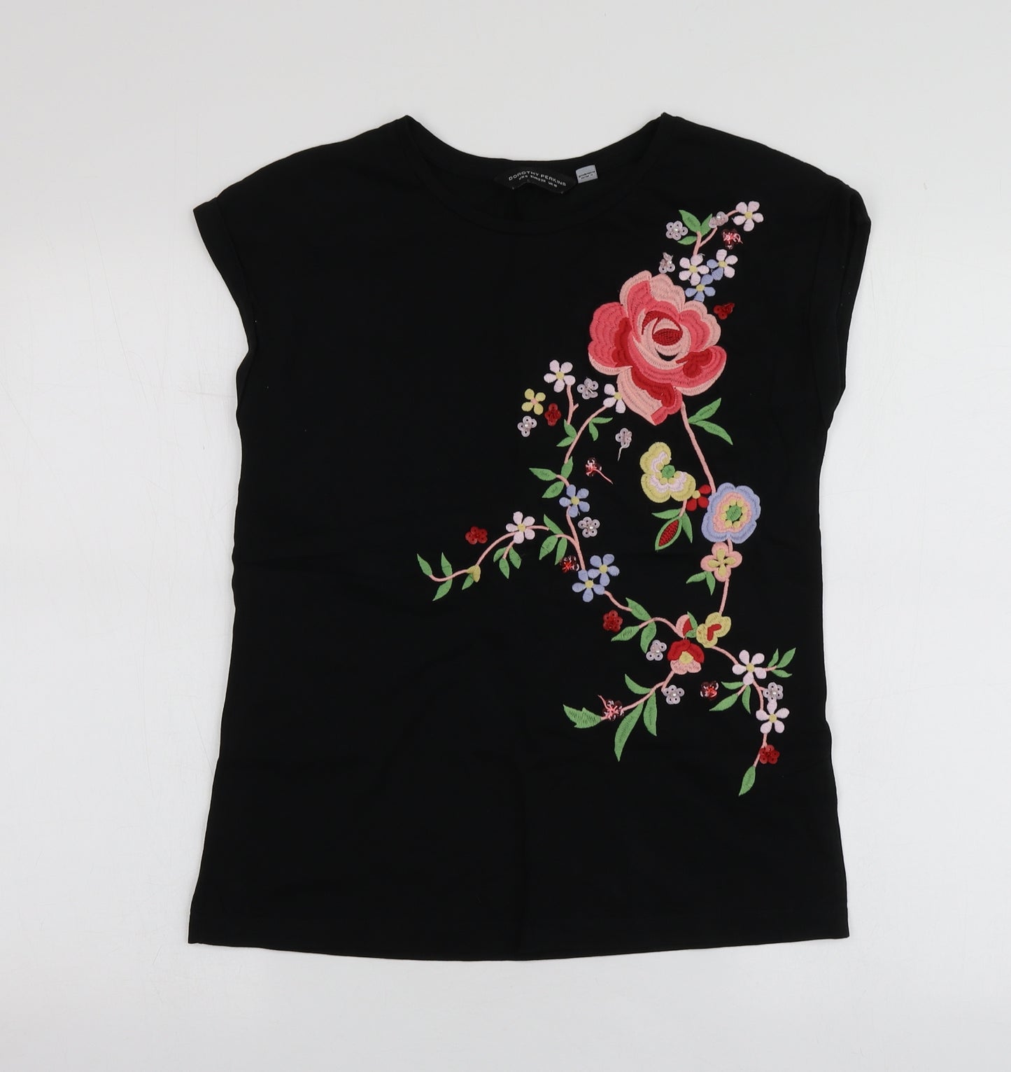 Dorothy Perkins Womens Black Geometric Cotton Basic T-Shirt Size 10 Round Neck