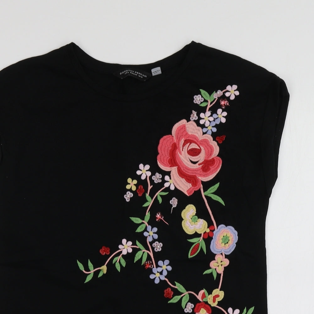 Dorothy Perkins Womens Black Geometric Cotton Basic T-Shirt Size 10 Round Neck