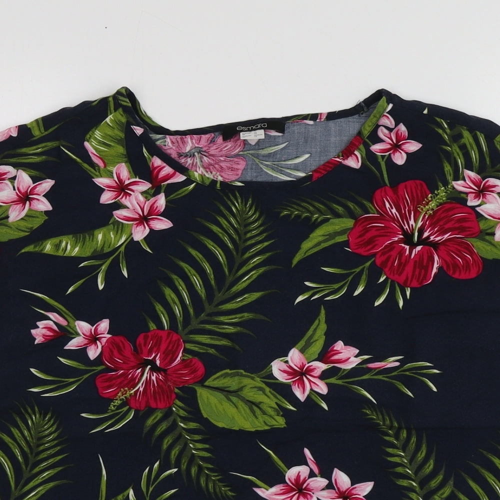 ESMARA Womens Blue Floral Polyester Basic T-Shirt Size 12 Round Neck