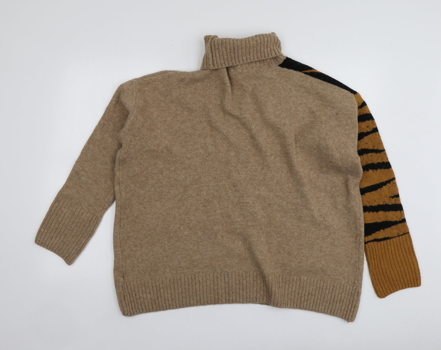 H&M Womens Beige Roll Neck Animal Print Acrylic Pullover Jumper Size S