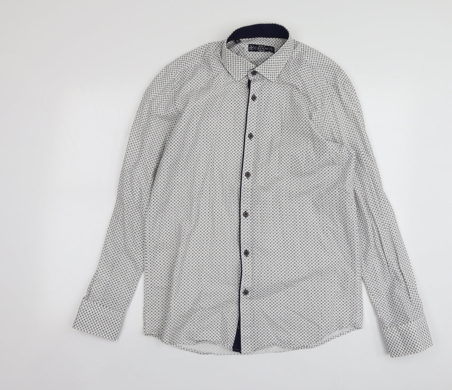 Cavani Mens White Geometric Cotton  Button-Up Size L Collared