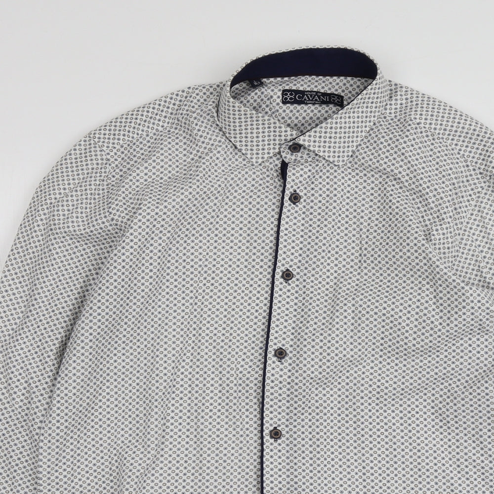 Cavani Mens White Geometric Cotton  Button-Up Size L Collared