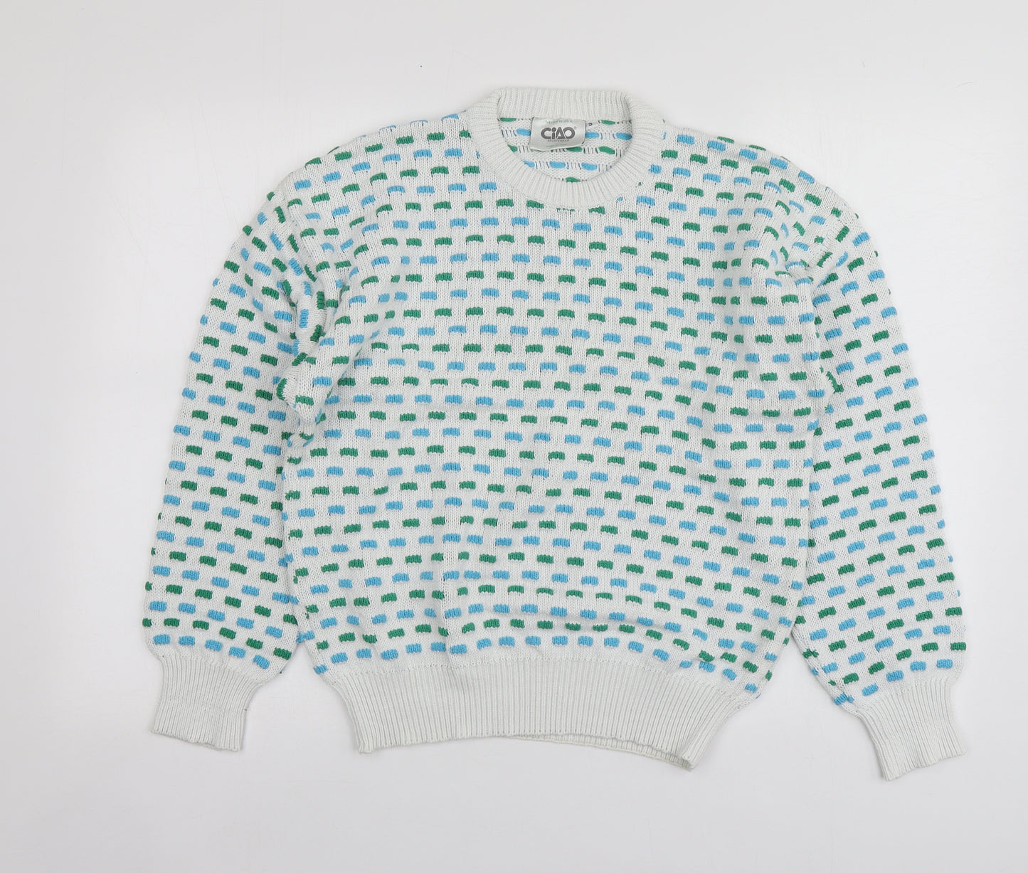 Ciao Mens White Round Neck Geometric Acrylic Pullover Jumper Size S