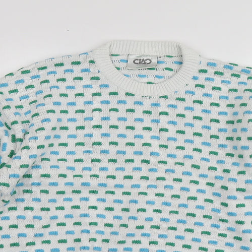 Ciao Mens White Round Neck Geometric Acrylic Pullover Jumper Size S