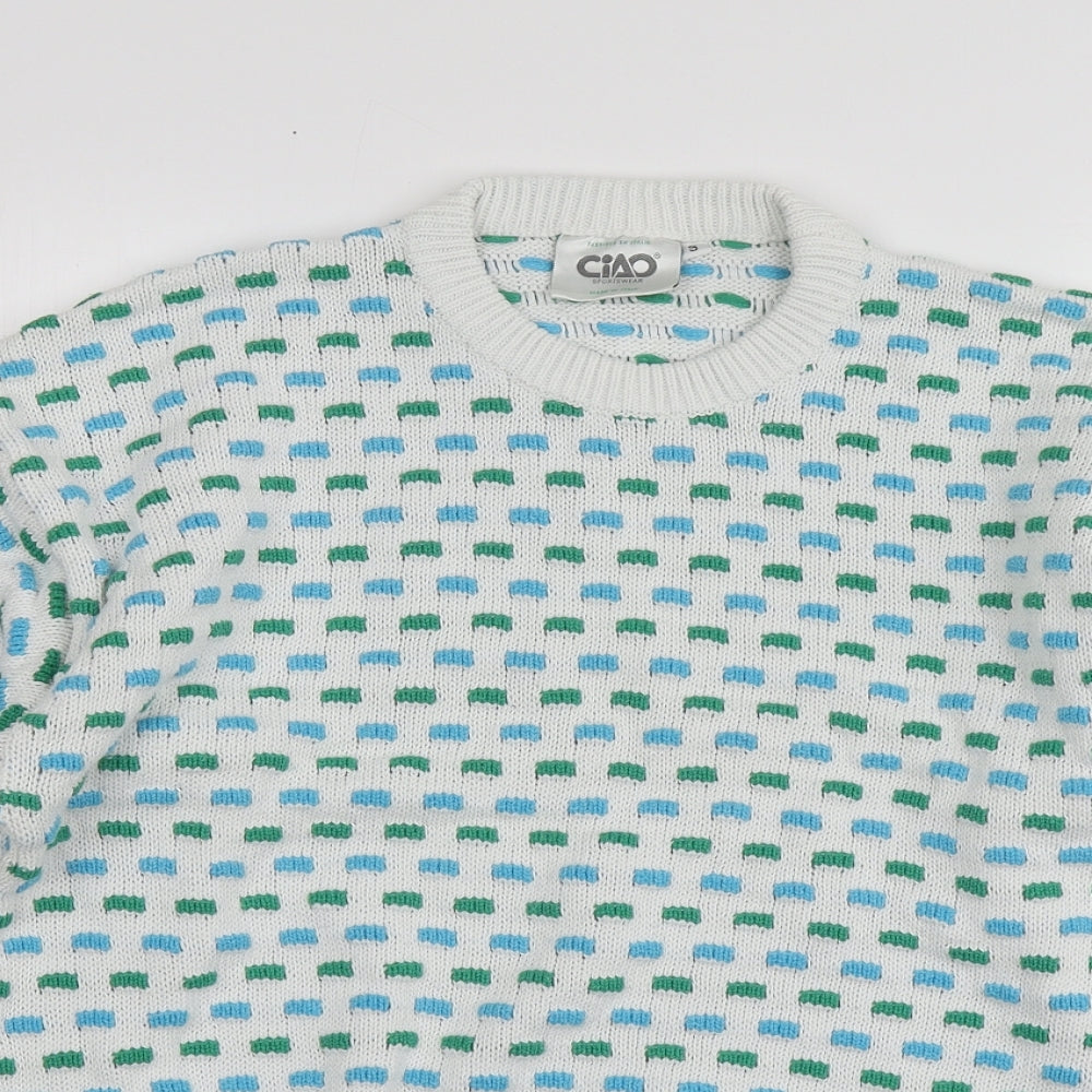 Ciao Mens White Round Neck Geometric Acrylic Pullover Jumper Size S
