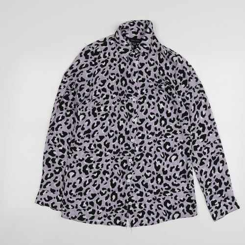 New Look Womens Purple Animal Print Polyester Basic Button-Up Size 6 Collared