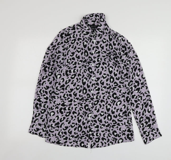 New Look Womens Purple Animal Print Polyester Basic Button-Up Size 6 Collared
