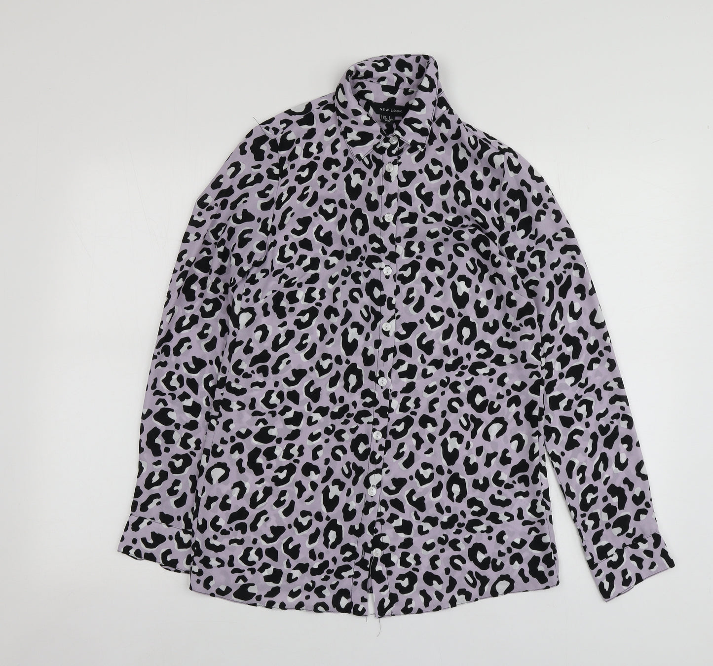 New Look Womens Purple Animal Print Polyester Basic Button-Up Size 6 Collared