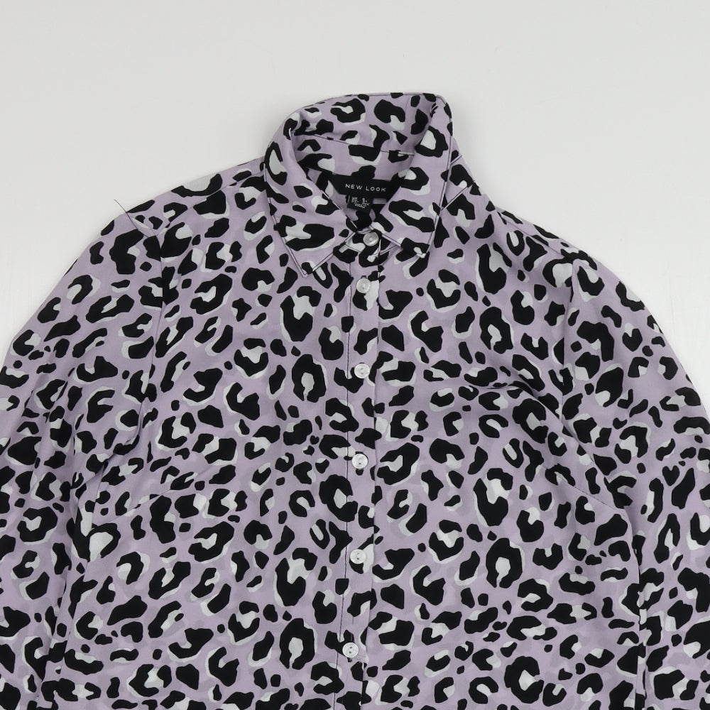 New Look Womens Purple Animal Print Polyester Basic Button-Up Size 6 Collared