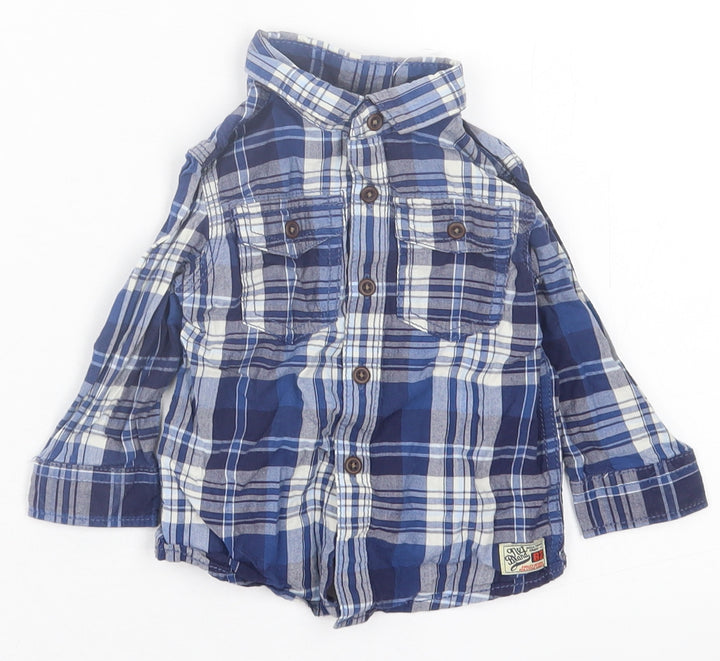NEXT Boys Blue Plaid Cotton Basic Button-Up Size 6-9 Months Collared Button
