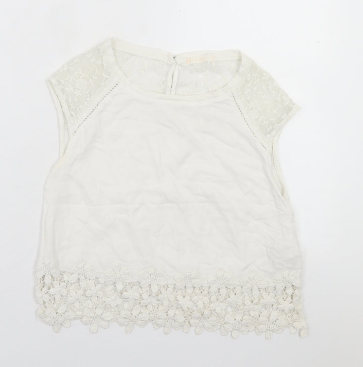 Bershka Womens White Cotton Cropped Size S Crew Neck