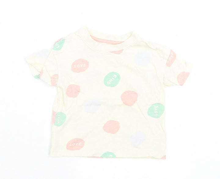 Primark Girls Beige Geometric Polyester Basic T-Shirt Size 9-12 Months Crew Neck Pullover