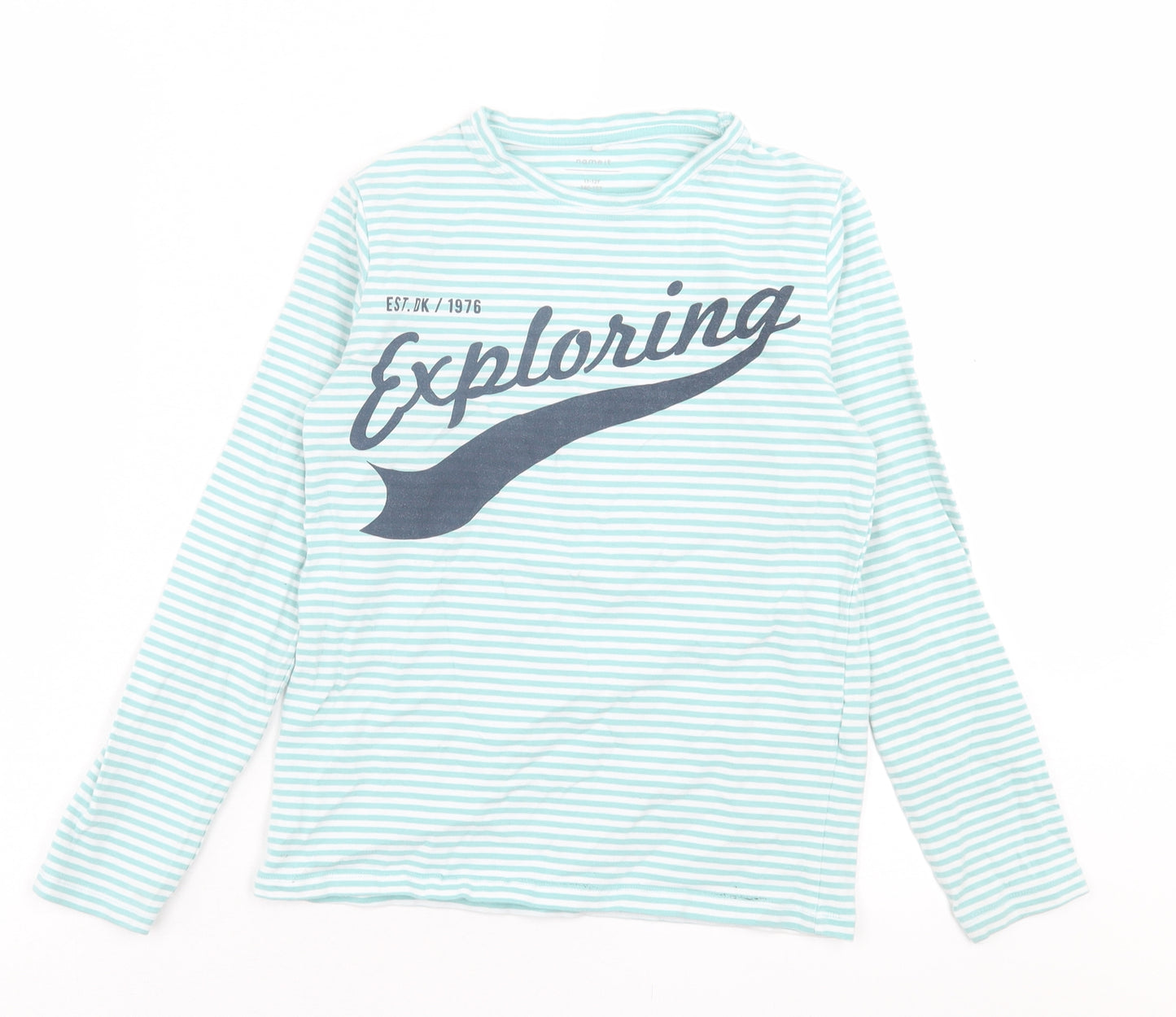 name it Boys Green Striped Cotton Basic Casual Size 11-12 Years Crew Neck Pullover