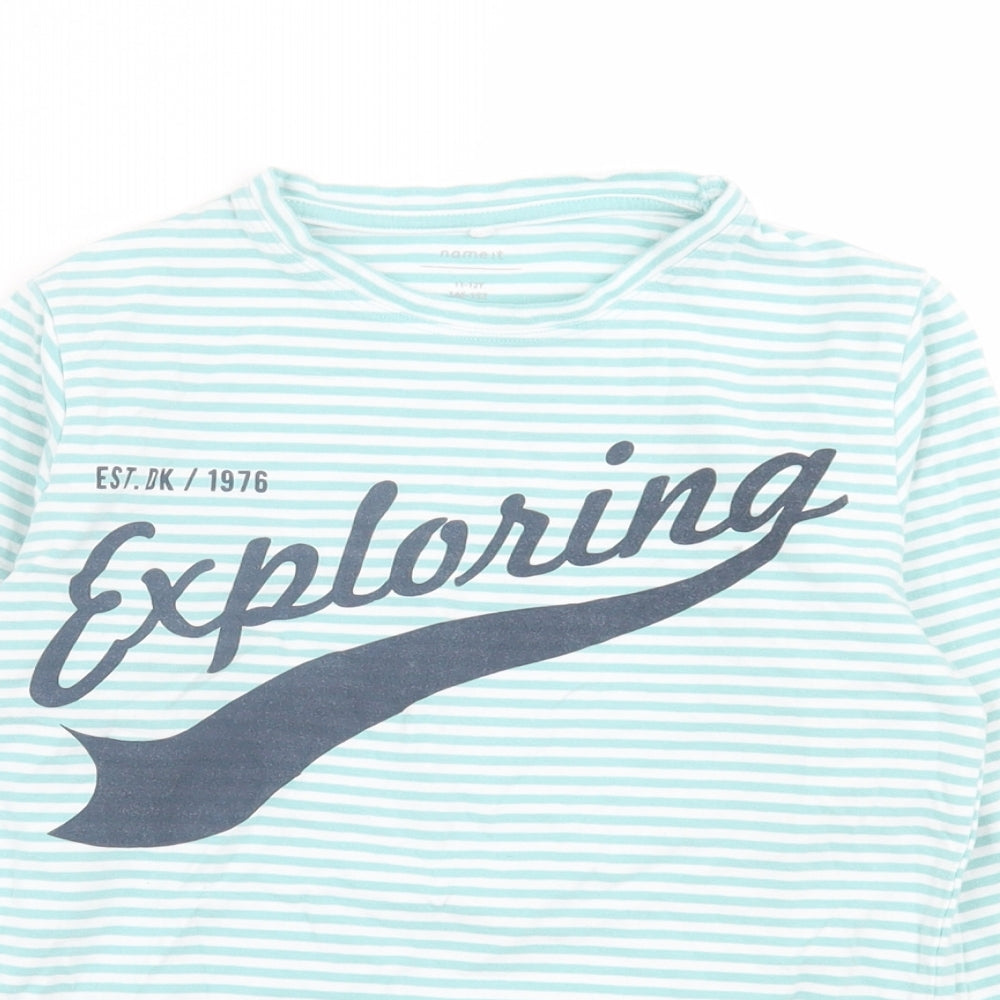 name it Boys Green Striped Cotton Basic Casual Size 11-12 Years Crew Neck Pullover