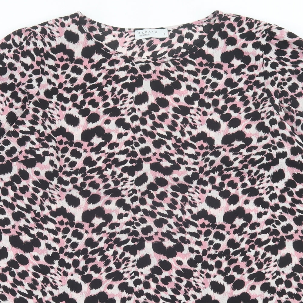Papaya Womens Pink Animal Print Polyester Tunic T-Shirt Size 12 Crew Neck