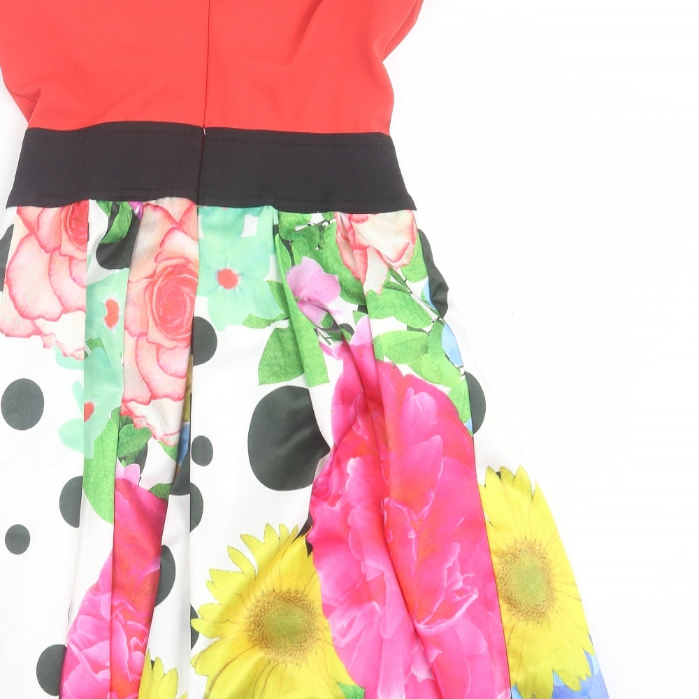 Rinascimento Womens Multicoloured Floral Polyester Fit & Flare  Size M  V-Neck Zip
