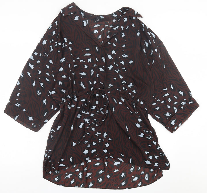 River Island Womens Brown Animal Print Polyester A-Line  Size 8  Collared Button