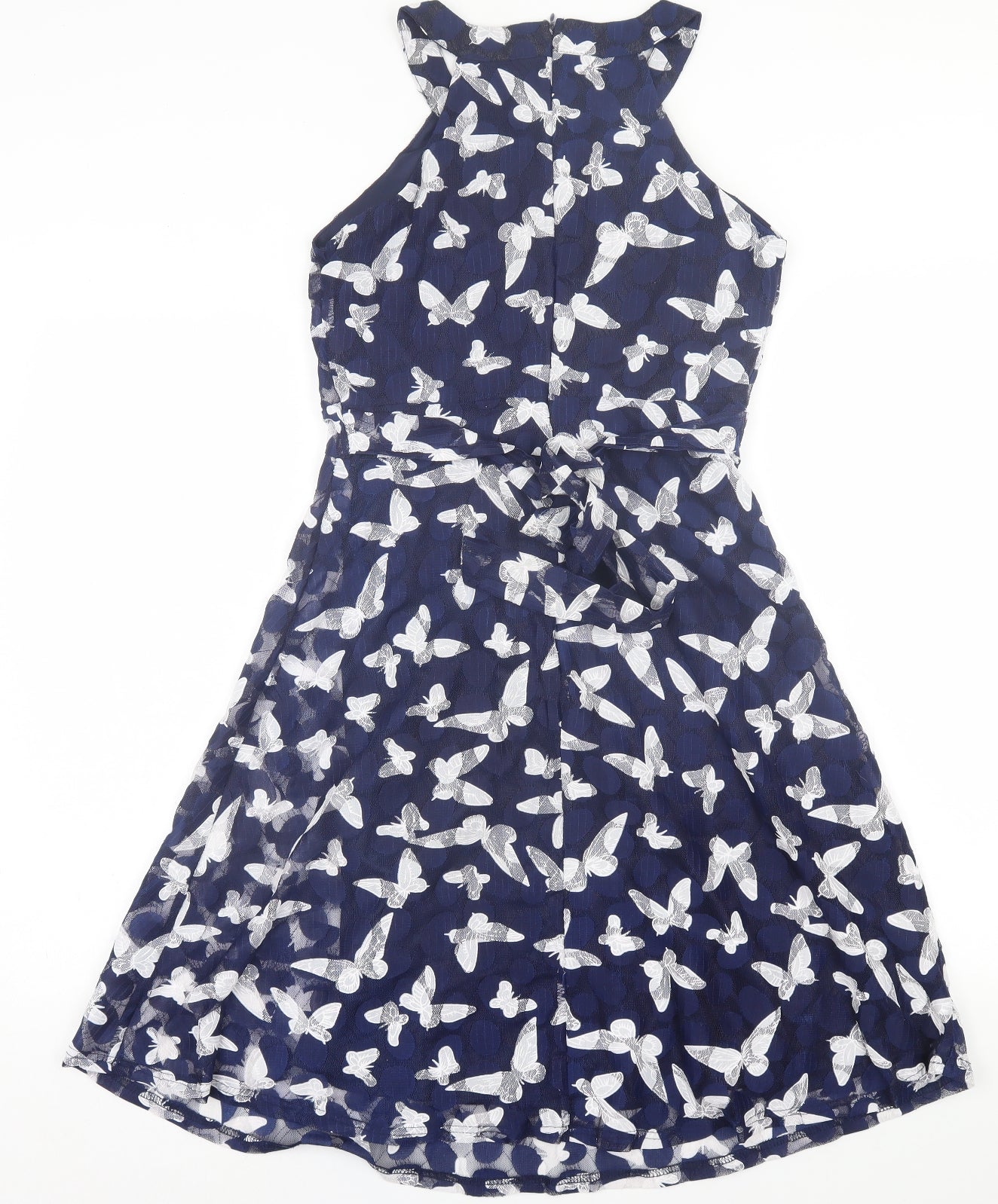 Mela London Womens Blue Geometric Polyester Fit & Flare  Size 10  Crew Neck Zip