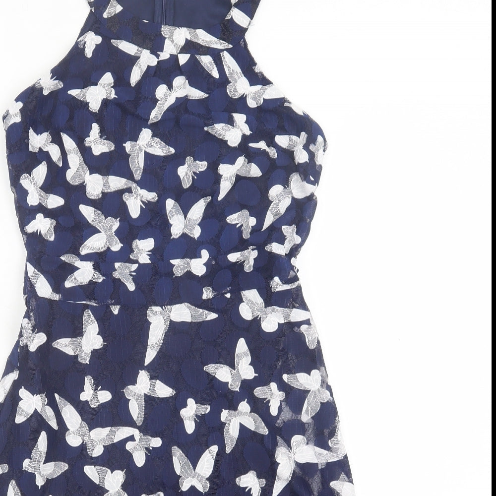Mela London Womens Blue Geometric Polyester Fit & Flare  Size 10  Crew Neck Zip