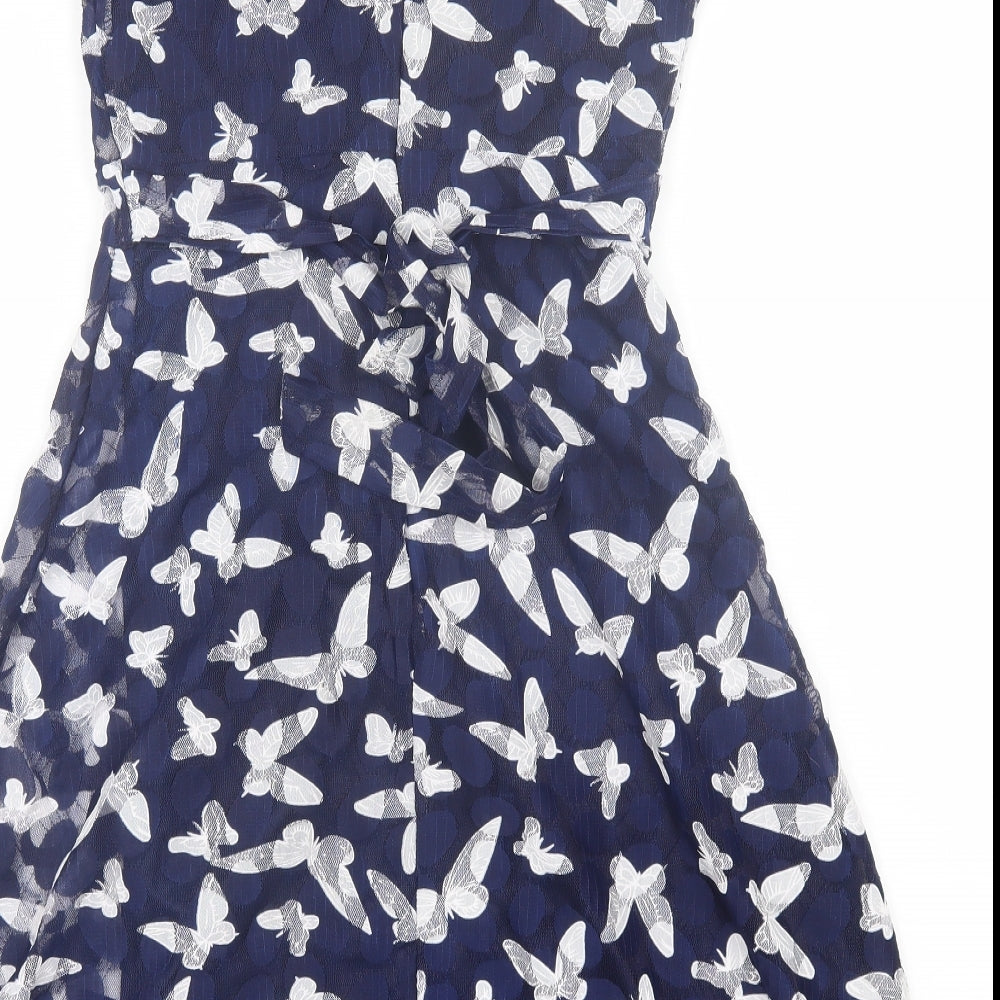 Mela London Womens Blue Geometric Polyester Fit & Flare  Size 10  Crew Neck Zip