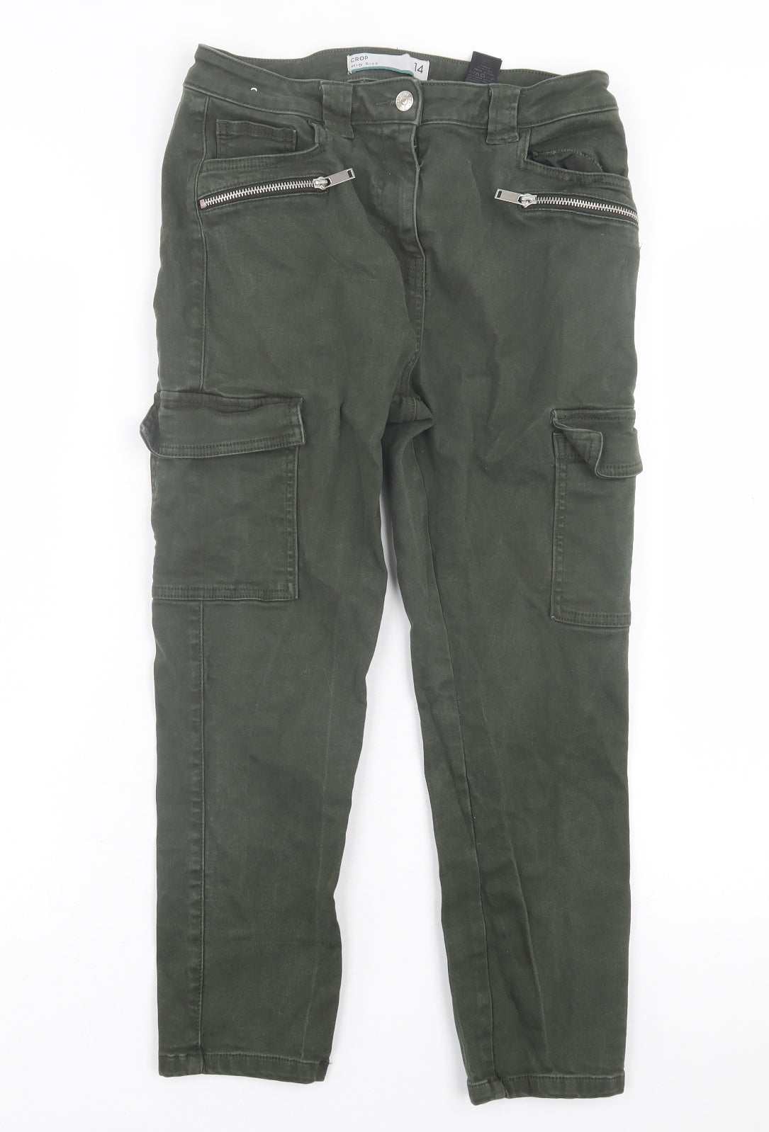 NEXT Womens Green  Cotton Cropped Trousers Size 14 L24 in Regular Button