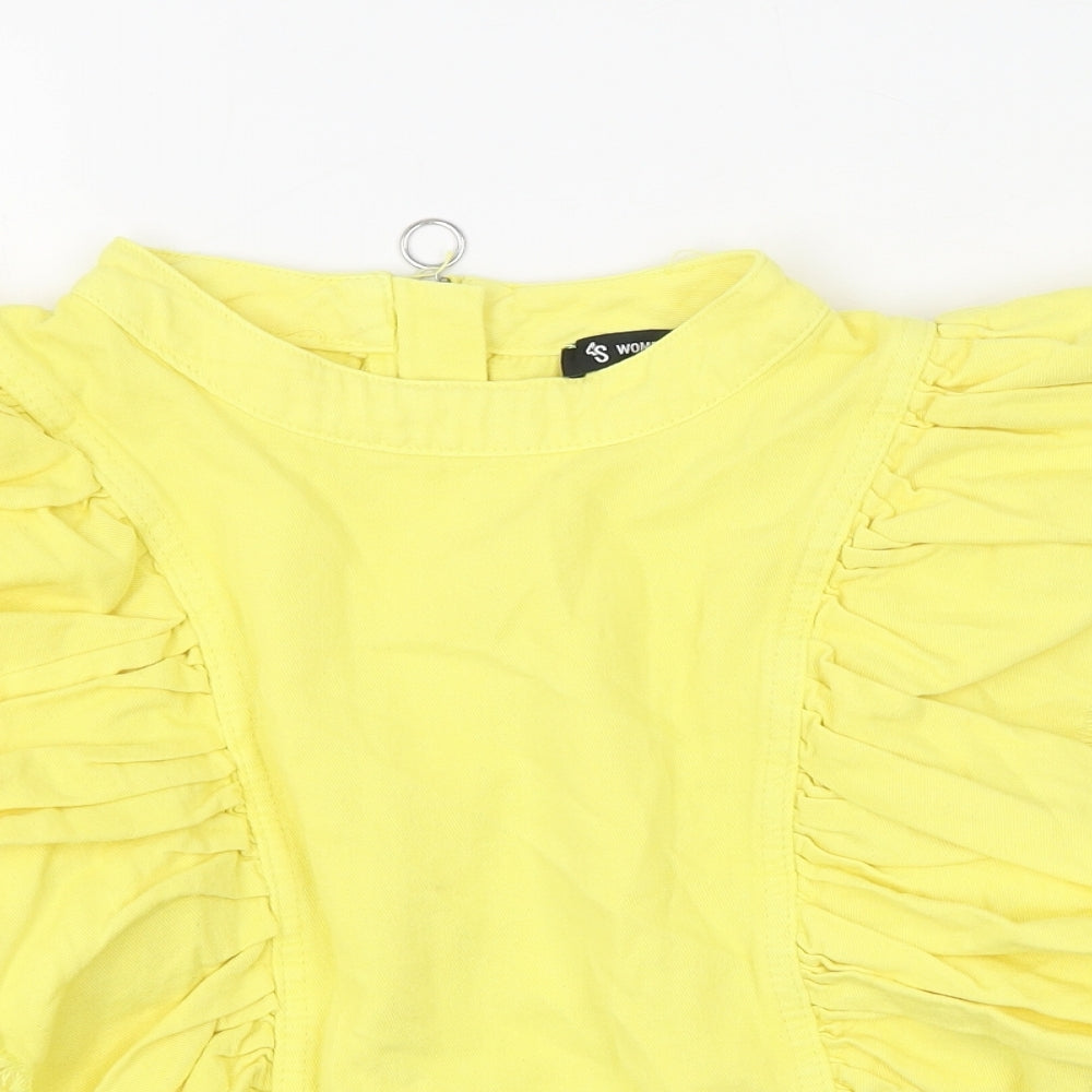 Preworn Womens Yellow  Cotton Basic Blouse Size M Round Neck