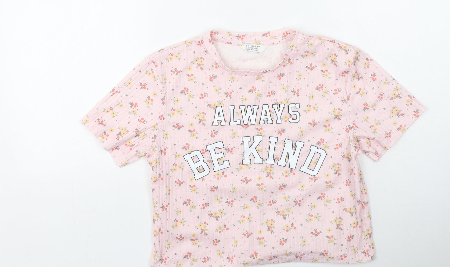 Primark Girls Pink Floral Cotton Basic Casual Size 11-12 Years Round Neck  - Always Be Kind