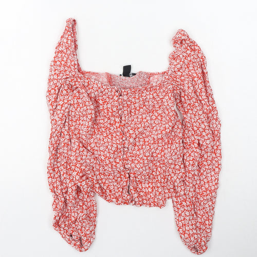 New Look Womens Red Floral Polyester Basic Button-Up Size 6 Square Neck