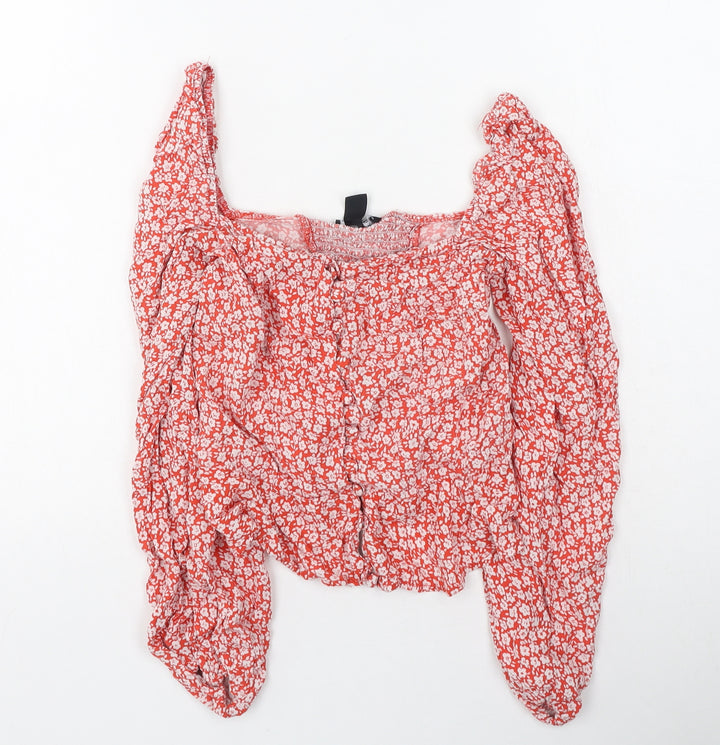 New Look Womens Red Floral Polyester Basic Button-Up Size 6 Square Neck