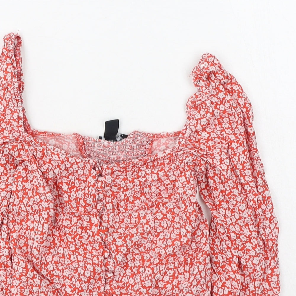 New Look Womens Red Floral Polyester Basic Button-Up Size 6 Square Neck